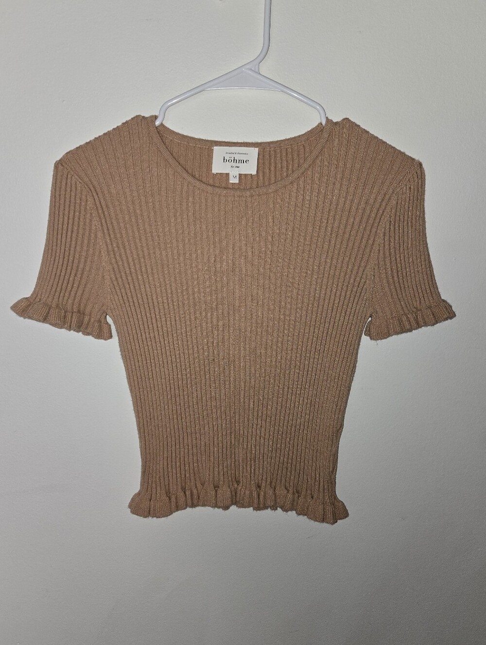 Böhme Ribbed Cropped Knit Top Blouse – Tan / Beige – Size M